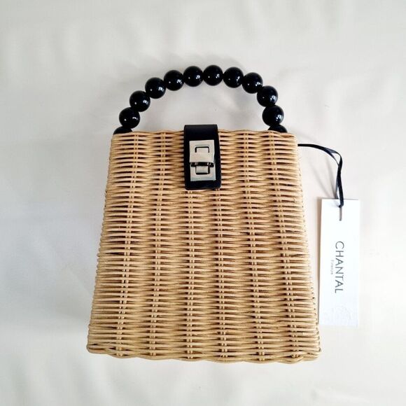 CHANTAL Paris Wicker Handbag - Natural Rattan with Black Bead Handle - NEW - Picture 2 of 9